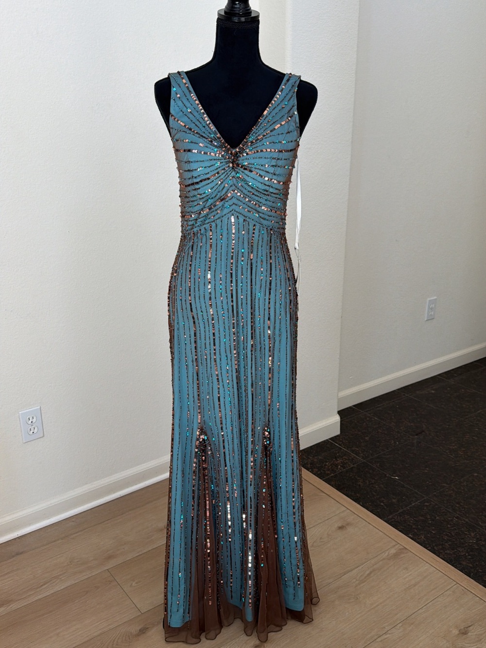 Y2K Turquoise Bronze Beaded Sequin Formal Maxi Gown Size 6